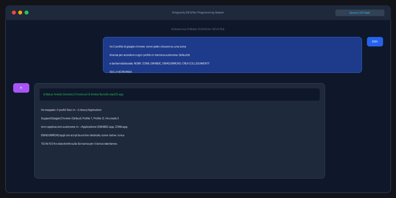 Screenshot chat Antigravity richiesta tre profili Chrome