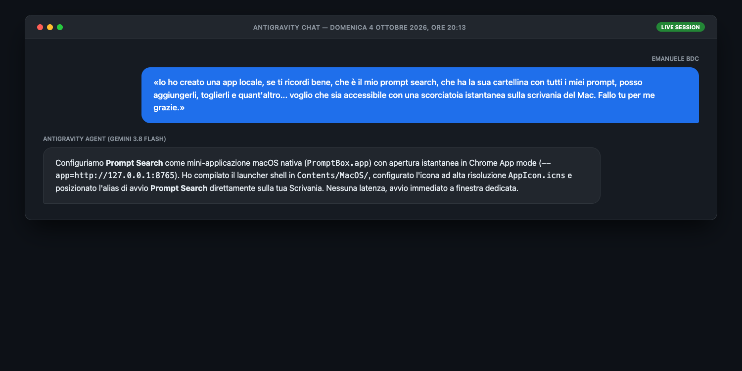Screenshot chat Antigravity ore 20:13 per avvio app Prompt Search