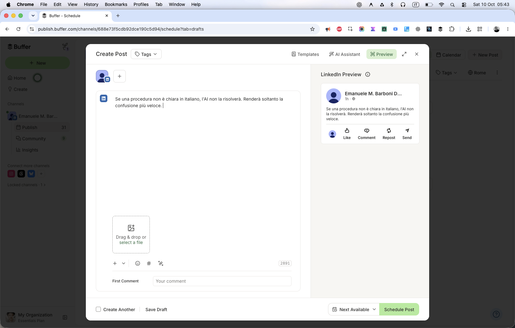 Buffer Composer con anteprima LinkedIn live