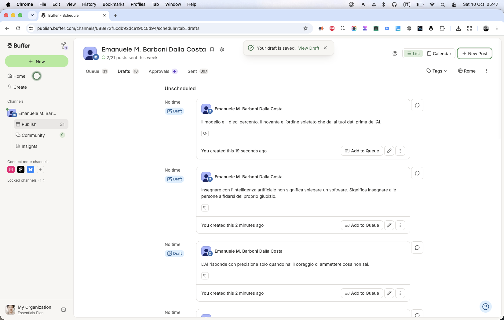 Telemetria e Dashboard dell'Agente Locale durante l'automazione LinkedIn e Buffer
